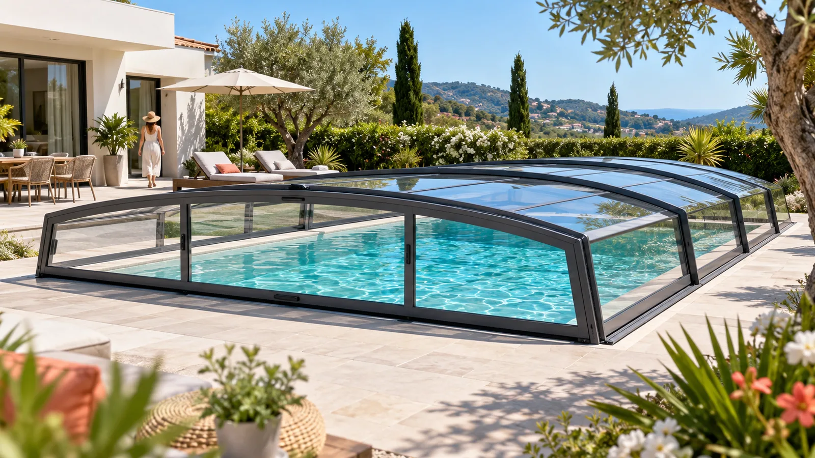 Abri de piscine en aluminium gris anthracite aux lignes tendues dans le jardin d’une villa moderne, abri de piscine en aluminium