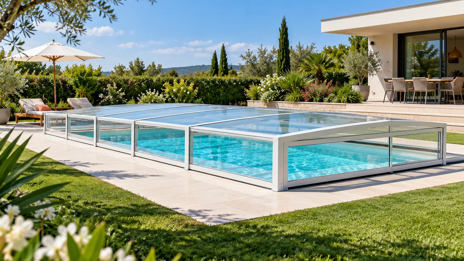 Abri de piscine bas en aluminium blanc couvrant un bassin rectangulaire dans un jardin de maison contemporaine, abri de piscine bas