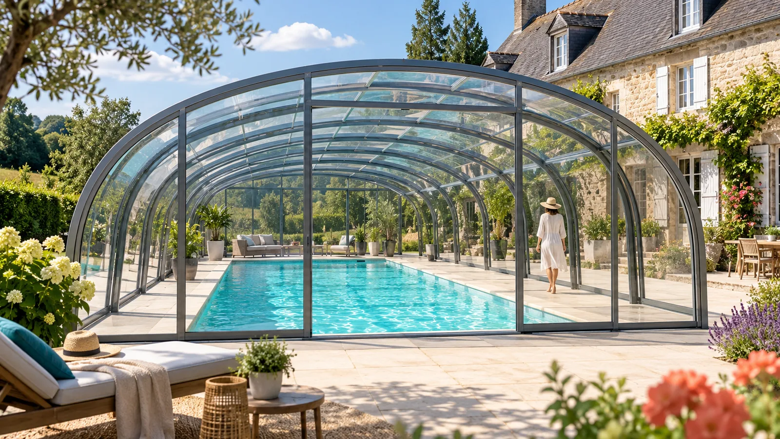 Grand abri de piscine haut en arche dans le jardin d’une longère normande, hauteur suffisante pour circuler debout autour du bassin, abri de piscine haut