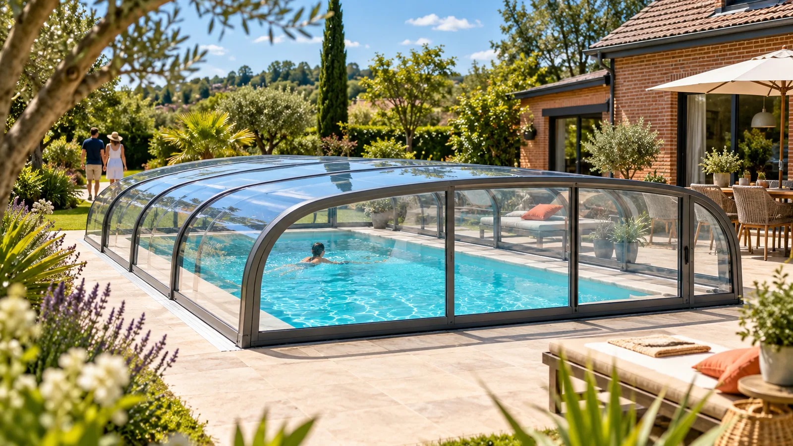 Abri de piscine mi-haut aux formes arrondies sur une piscine familiale, jardin d’une maison en briques sous le soleil de juin, abri de piscine mi-haut