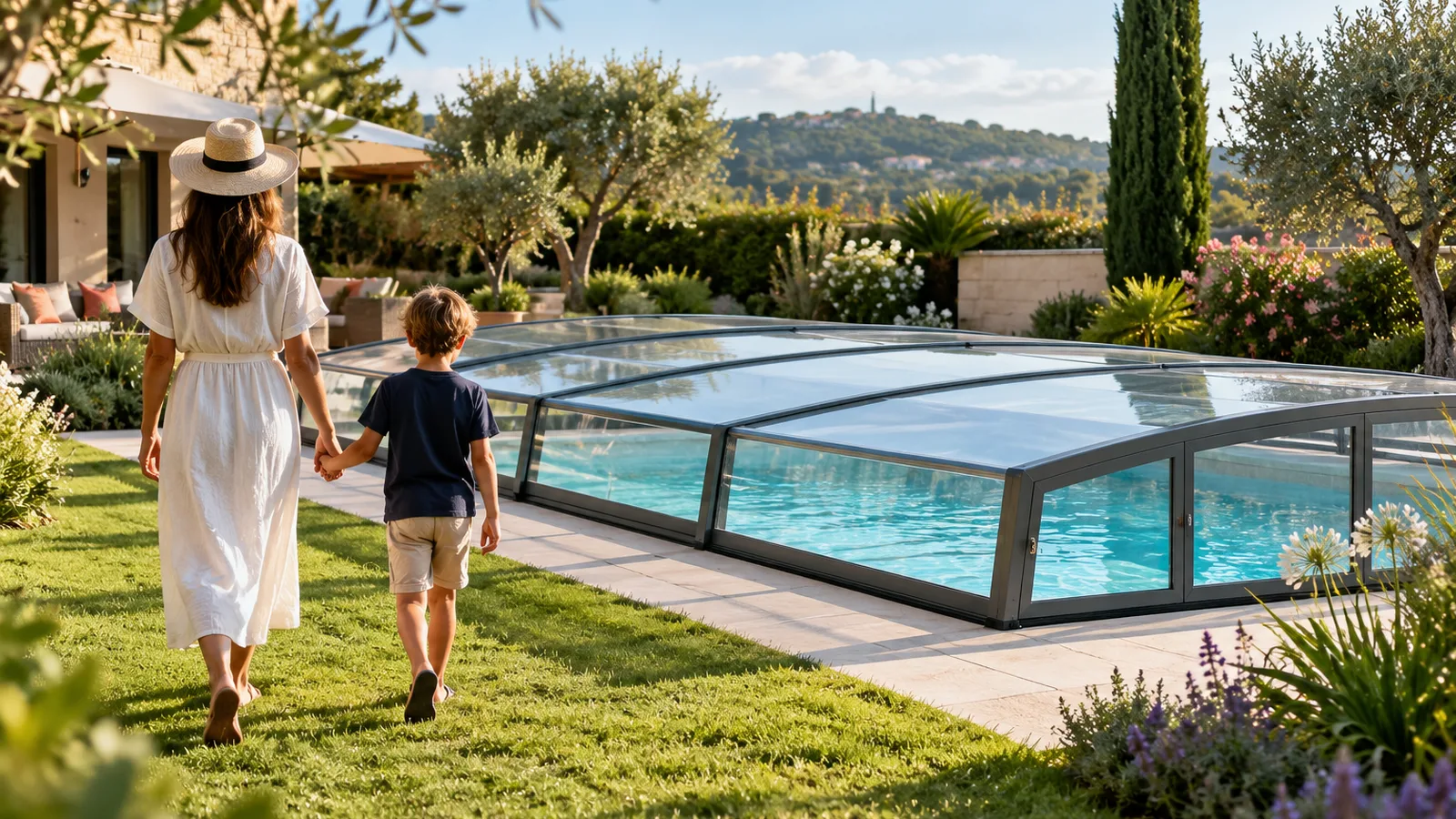 Abri de piscine bas entièrement fermé avec serrure discrète sur un module, abri de piscine et sécurité