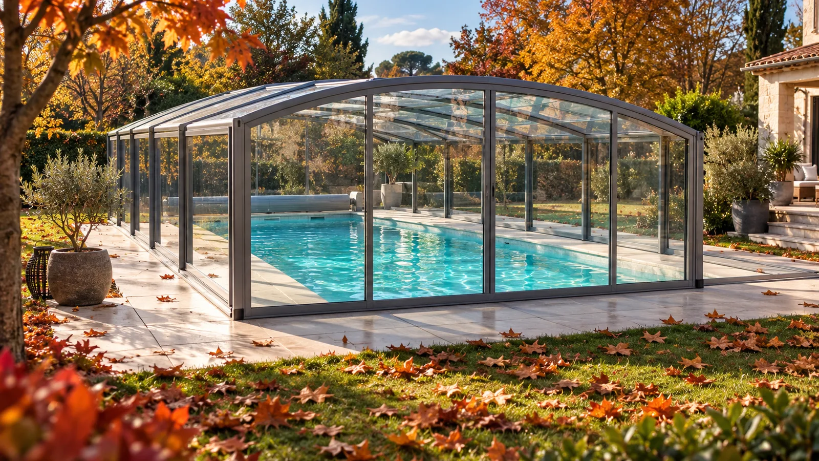 Eau turquoise parfaitement limpide sous un abri mi-haut fermé alors que des feuilles d’automne rousses jonchent la pelouse tout autour, avantages d’un abri de piscine
