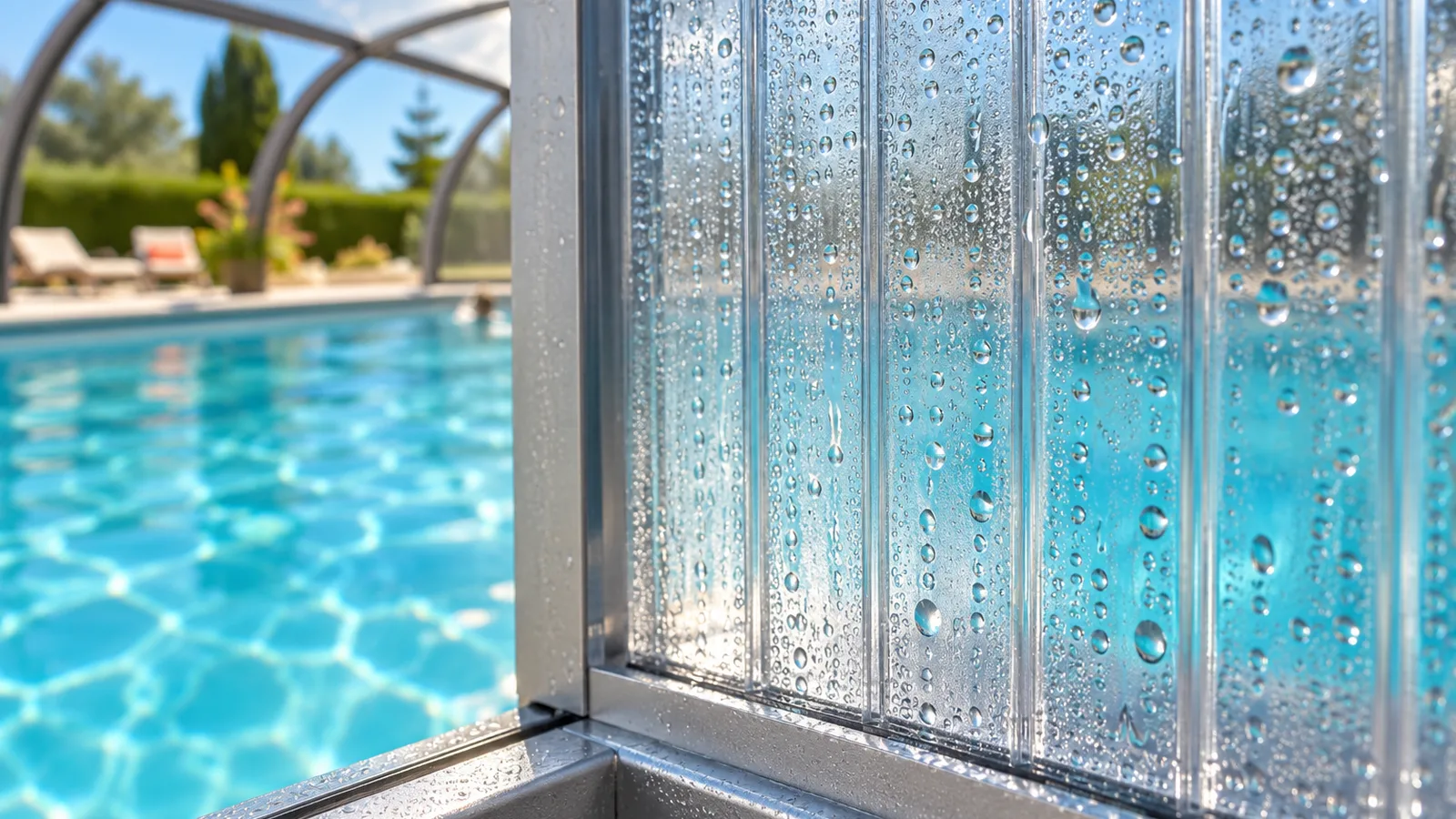 Gros plan sur des gouttelettes de condensation perlant à l’intérieur d’un panneau de polycarbonate, eau bleue floue en arrière-plan, condensation sous un abri