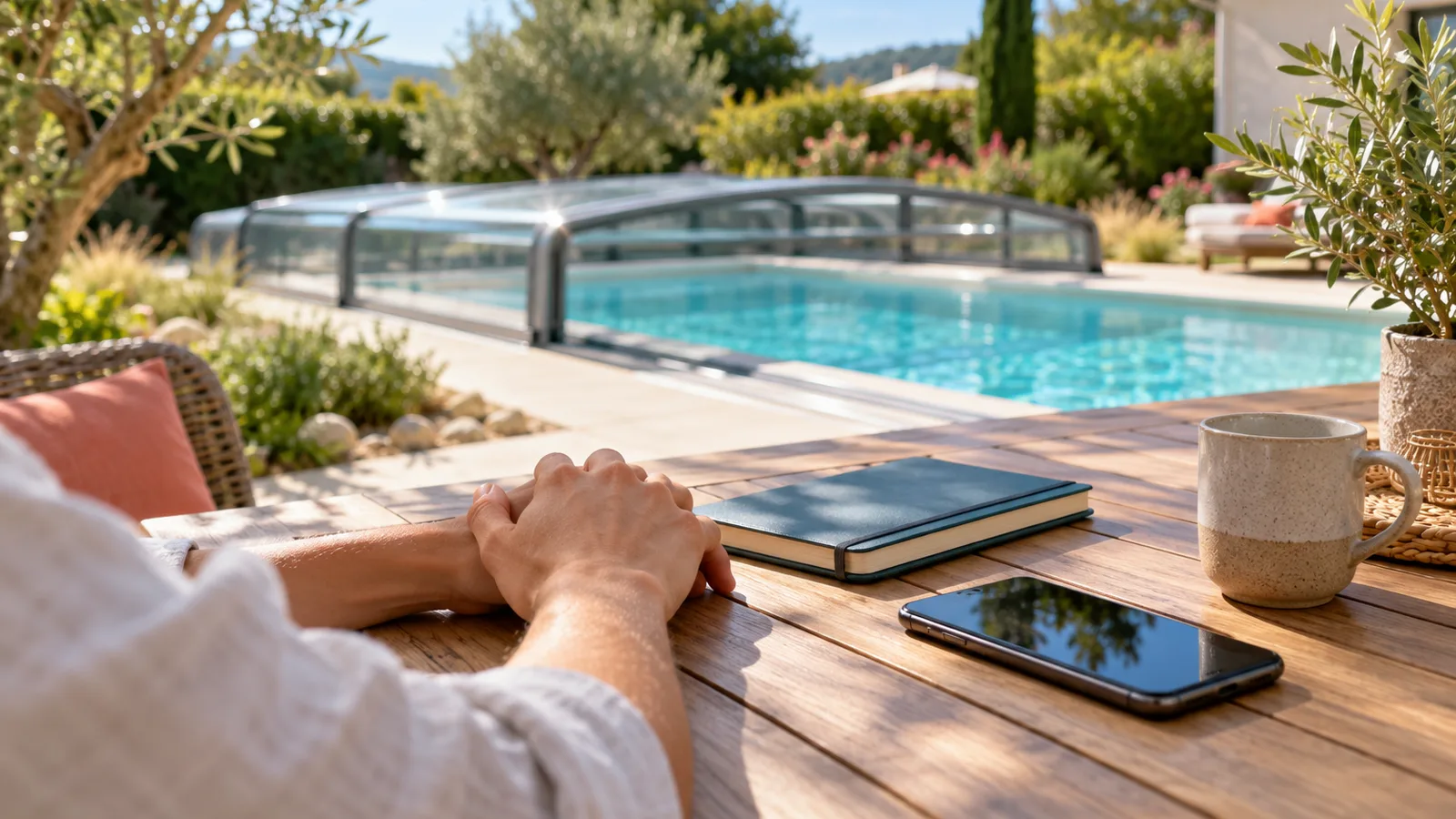 Mains posées sur une table de terrasse à côté d’un téléphone et d’un carnet fermé, abri de piscine télescopique flou au fond du jardin, Mon abri de piscine