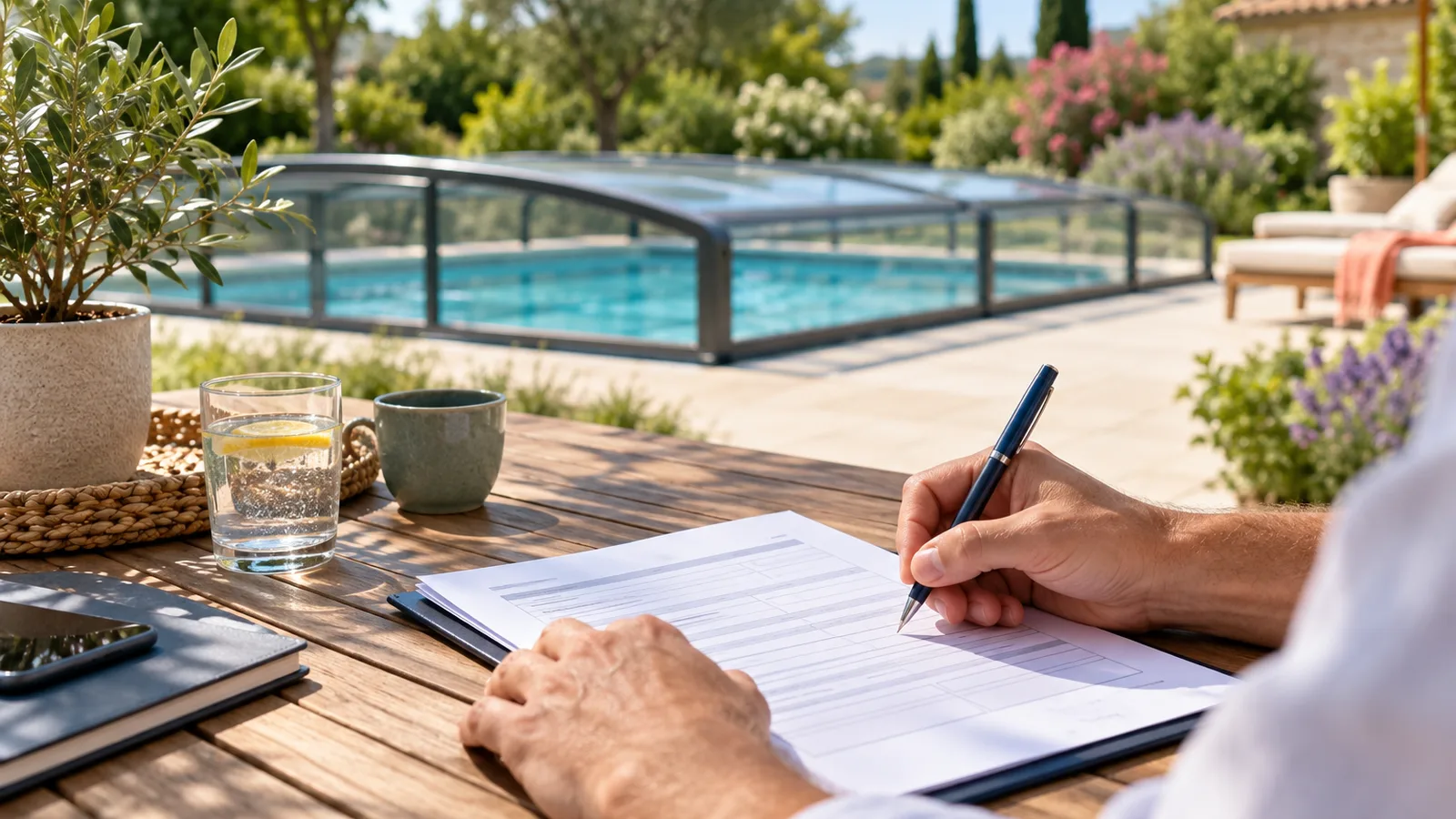 Mains remplissant un formulaire administratif vierge sur une table de jardin, piscine avec abri bas floue en arrière-plan ensoleillé, déclaration préalable pour un abri de piscine
