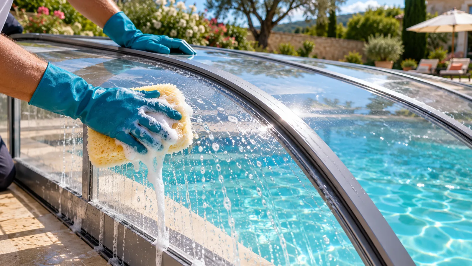 Mains gantées passant une éponge douce sur un panneau de polycarbonate d’un abri de piscine, eau savonneuse ruisselant au soleil, entretien d’un abri de piscine