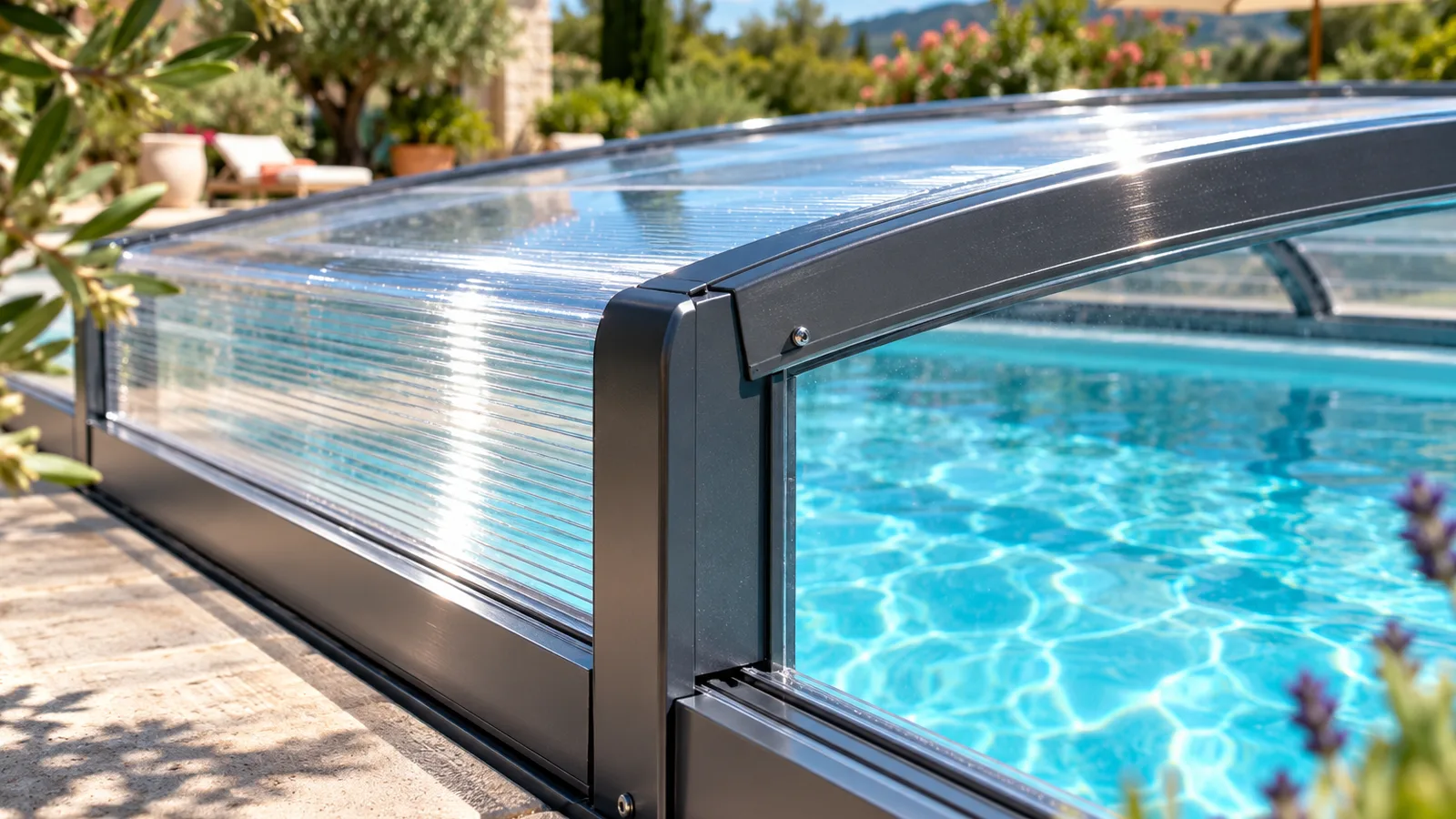 Gros plan sur un profilé en aluminium laqué gris anthracite assemblé à un panneau de polycarbonate alvéolaire, matériaux d’abri de piscine