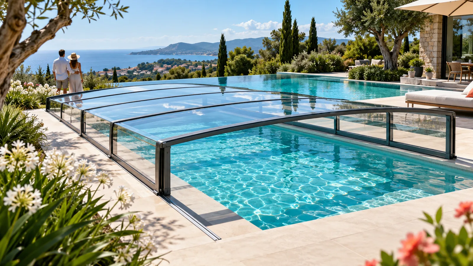 Abri de piscine en panneaux de verre parfaitement transparents reflétant le ciel bleu, jardin contemporain et piscine à débordement, polycarbonate ou verre