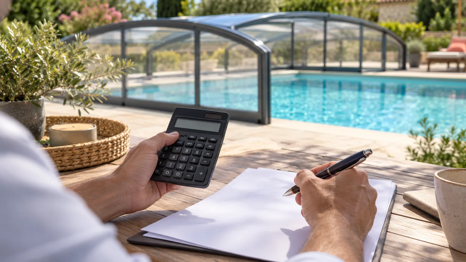 Mains tenant une calculatrice et un stylo au-dessus de documents vierges sur une table de terrasse, abri de piscine flou au fond, prix d’un abri de piscine