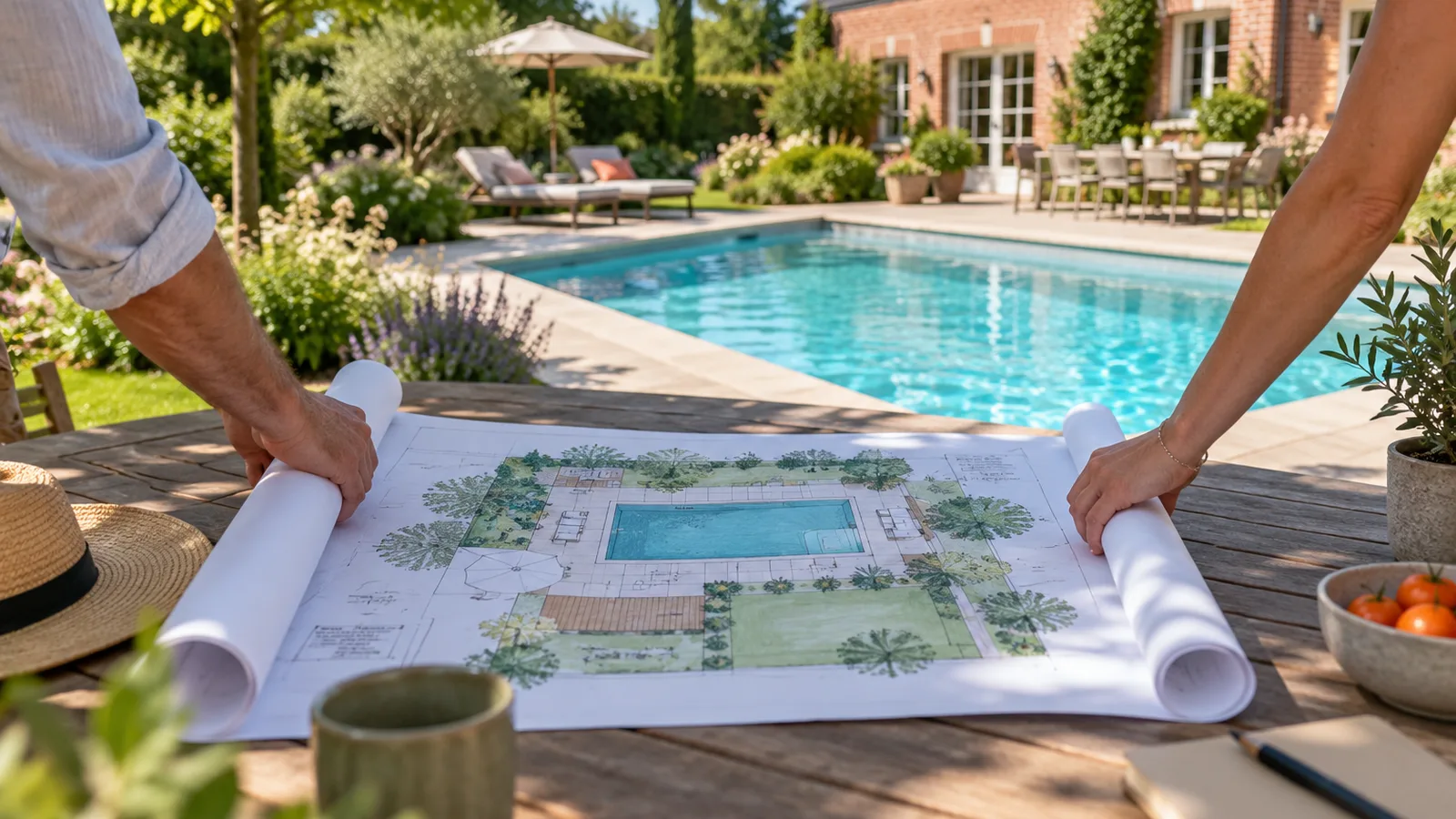 Mains déroulant un plan d’implantation sur une table de jardin, piscine sans abri en arrière-plan d’une maison en briques rouges, projet d’abri de piscine