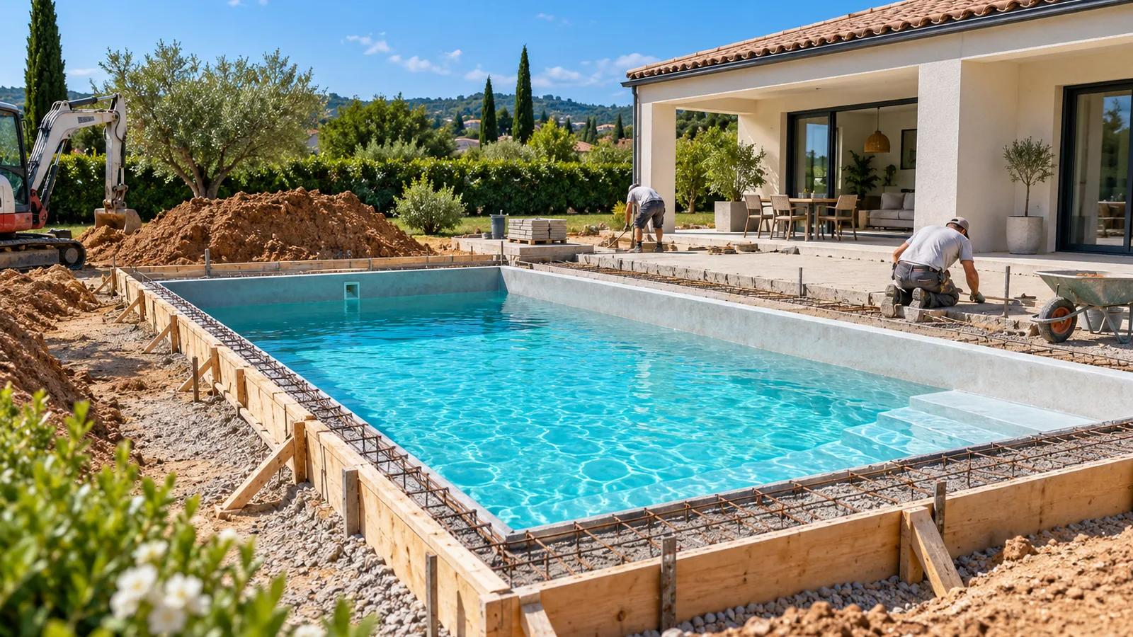 Chantier de piscine en cours avec bassin coffré et plage en construction, terrain dégagé d’une maison neuve sous ciel bleu, projet de piscine avec abri