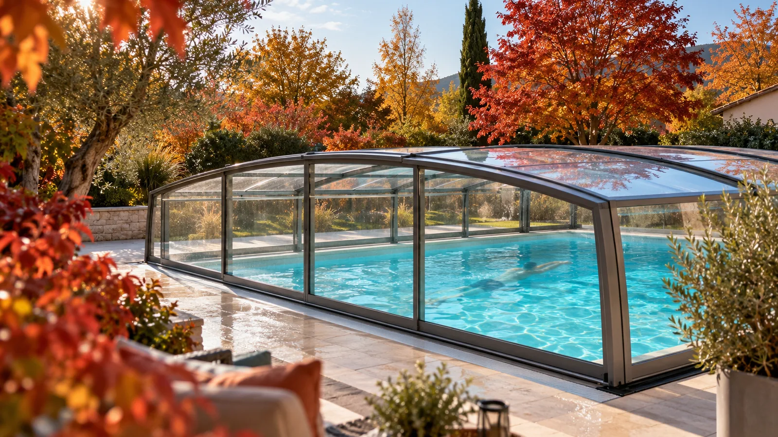 Nageur flou sous un abri mi-haut en octobre, arbres du jardin aux feuillages rouges et orangés tout autour, prolonger la saison de baignade