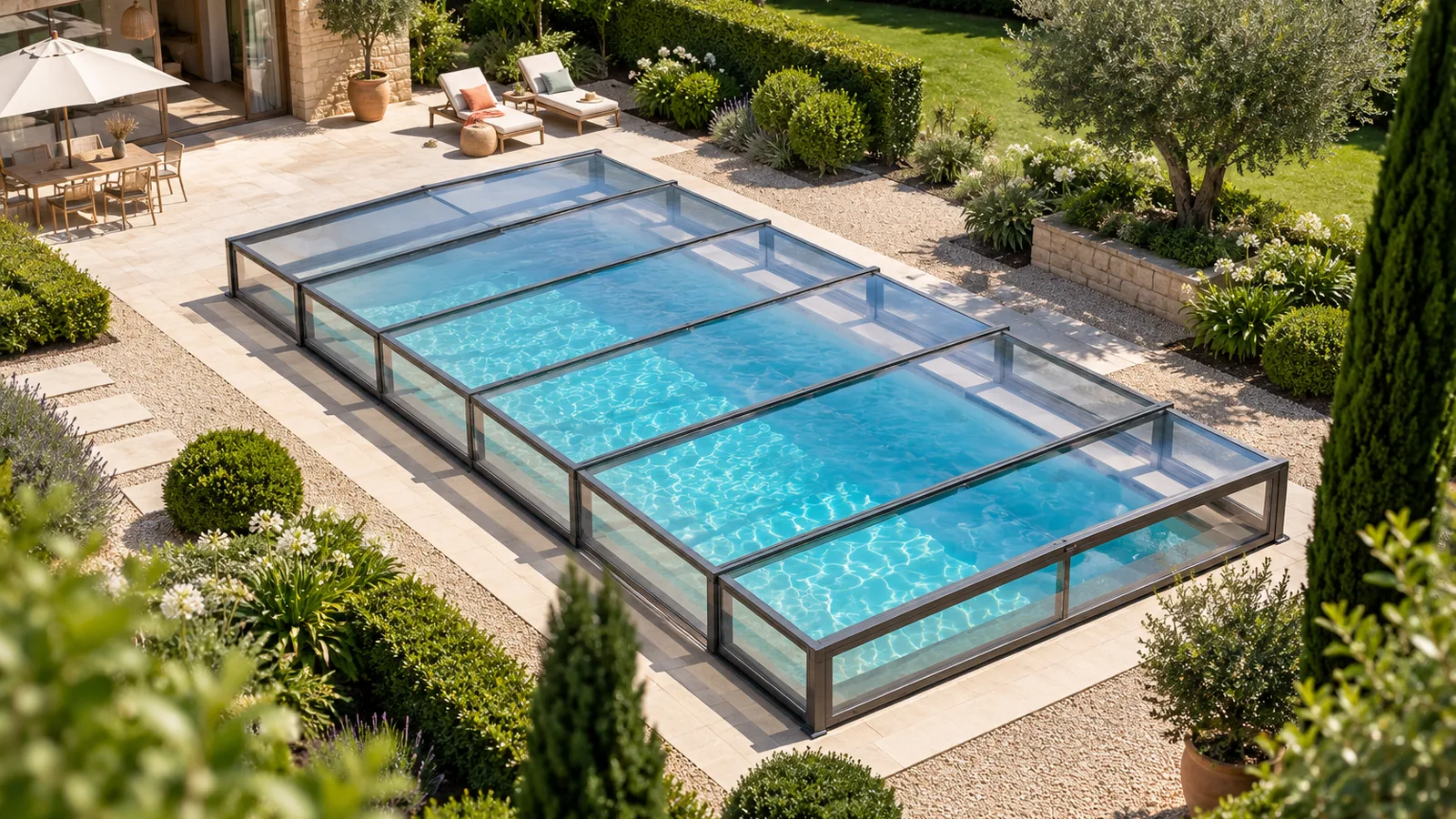 Vue aérienne d’un jardin où une piscine rectangulaire est couverte d’un abri bas à pans droits, allées gravillonnées et haies taillées, types d’abri de piscine
