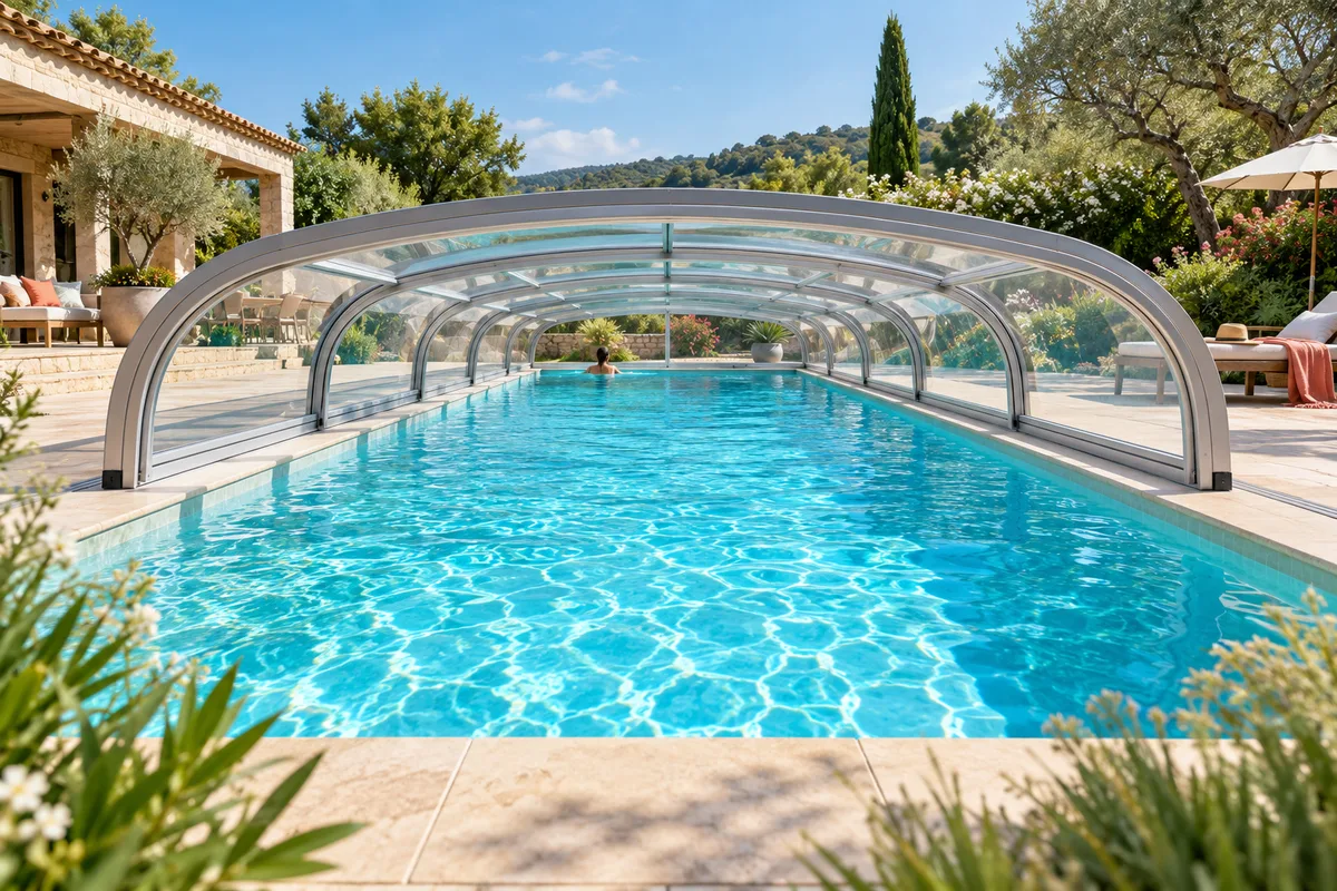 Abri aluminium argenté aux modules emboîtés vu en enfilade depuis l’extrémité du bassin, perspective profonde et eau bleu clair, abri de piscine en aluminium