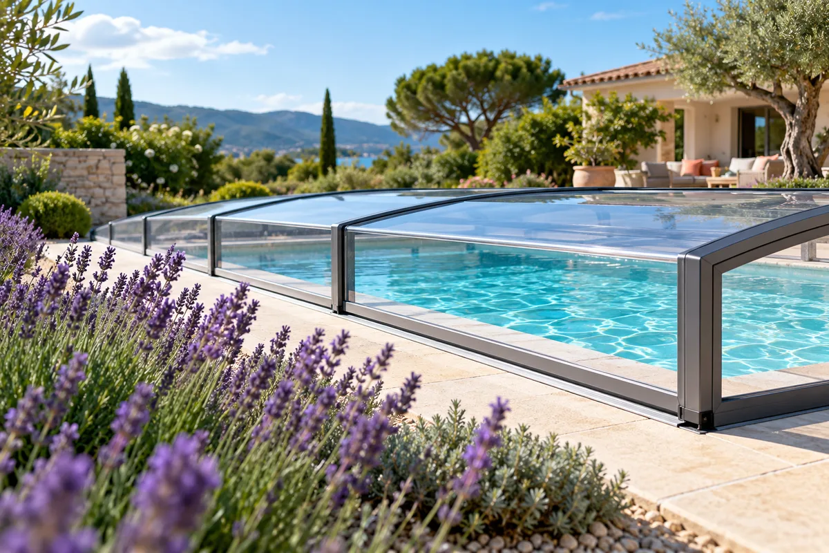 Vue rasante sur un abri bas à hauteur de margelle, panneaux transparents laissant voir l’eau turquoise, massif de lavande au premier plan, abri de piscine bas