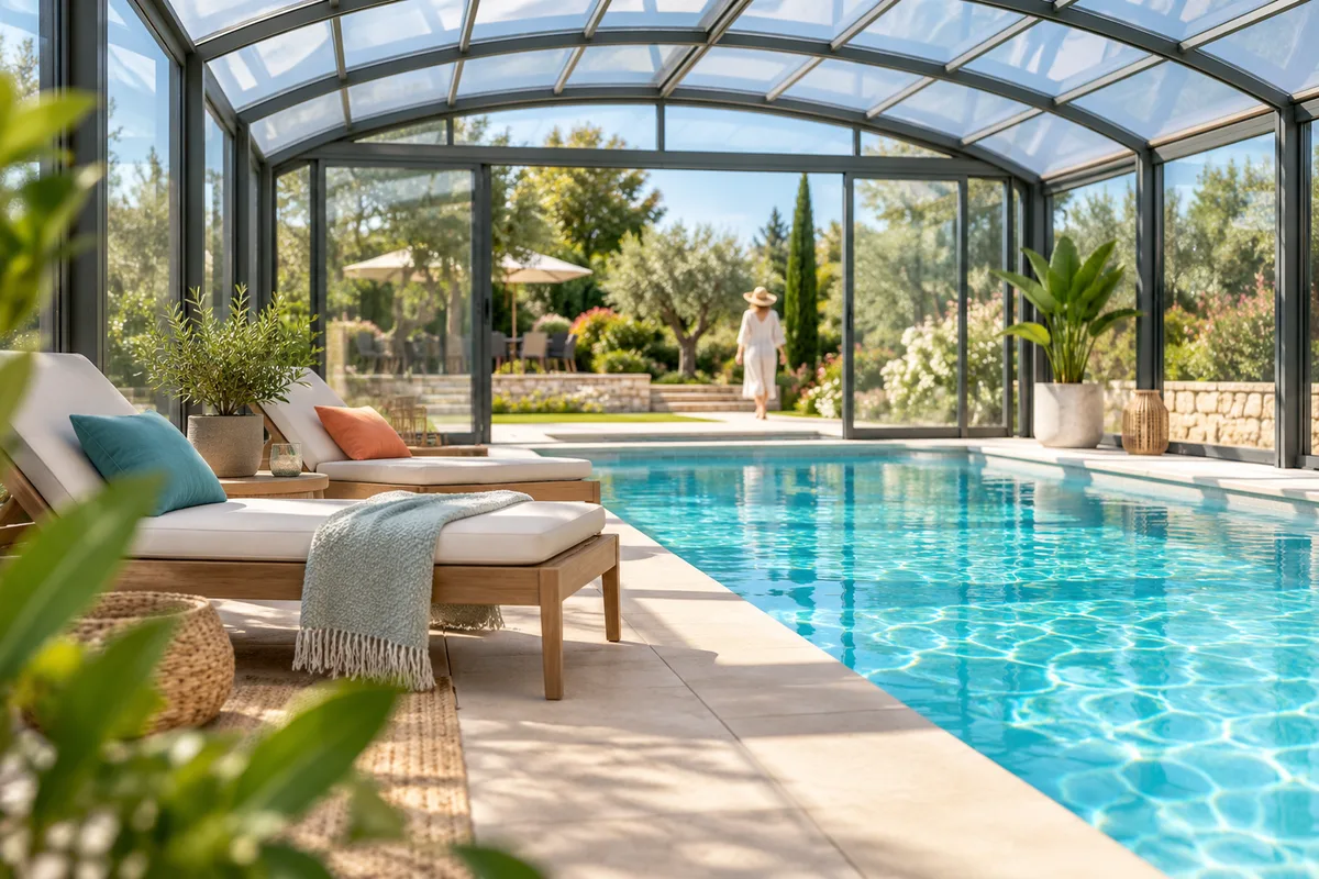 Intérieur d’un abri haut aménagé avec deux transats et une plante en pot au bord de l’eau, lumière diffuse et douce, abri de piscine haut