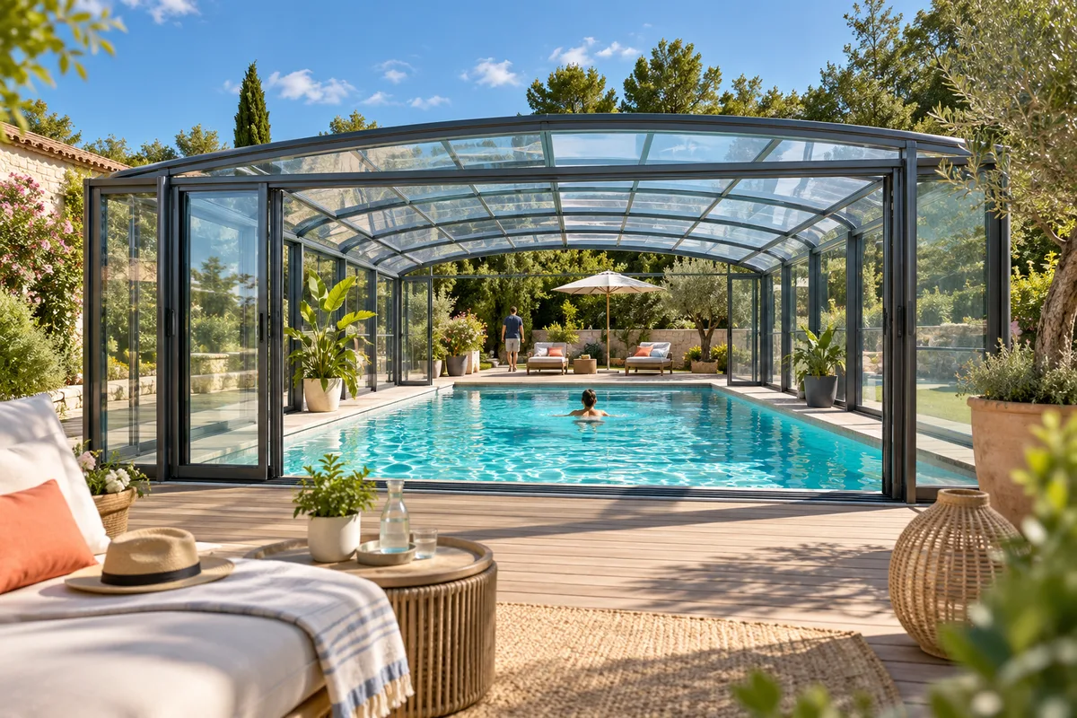 Abri haut aux portes coulissantes grandes ouvertes sur une terrasse en bois, ciel d’été et rideau d’arbres en arrière-plan, abri de piscine haut