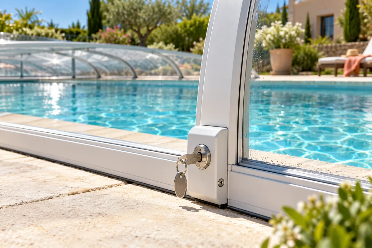 Gros plan sur un verrou à clé intégré à la base d’un abri de piscine en aluminium blanc, margelle en pierre, abri de piscine et sécurité