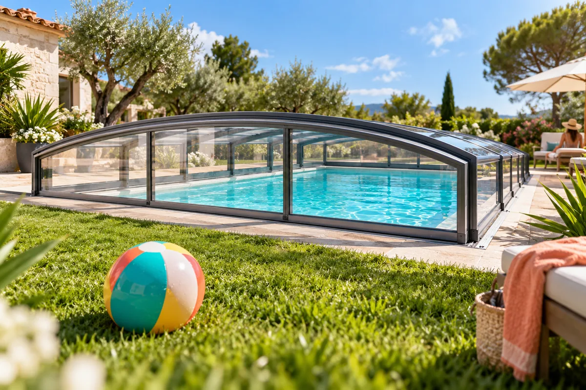 Ballon coloré posé sur la pelouse devant un abri de piscine fermé, jardin familial paisible sous un ciel d’été, abri de piscine et sécurité