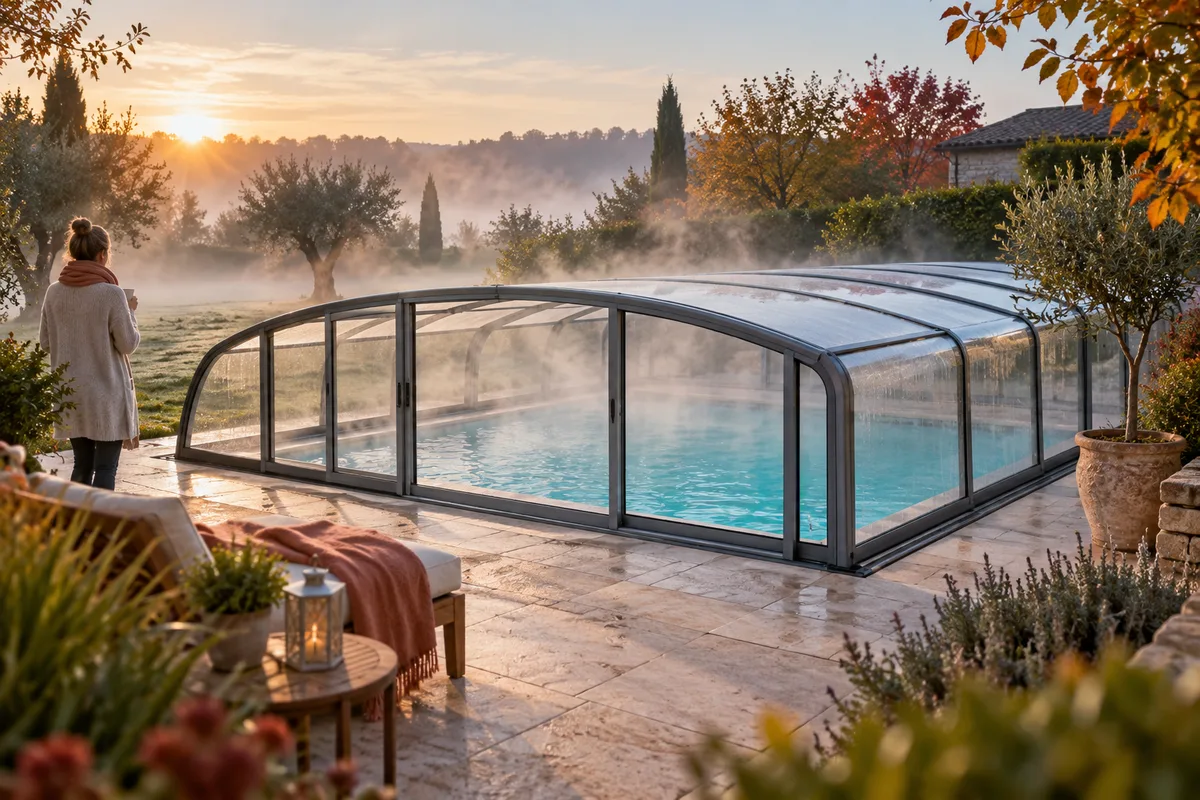 Abri de piscine mi-haut au petit matin d’automne, brume sur la pelouse et vapeur douce s’élevant de l’eau à l’intérieur, abri et température de l’eau