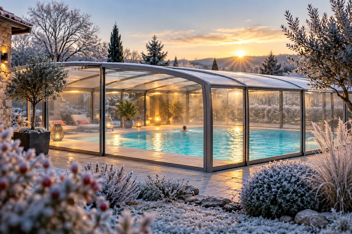 Nageur flou et lointain sous un abri haut tandis que le jardin extérieur est givré, contraste chaud et froid, abri et température de l’eau