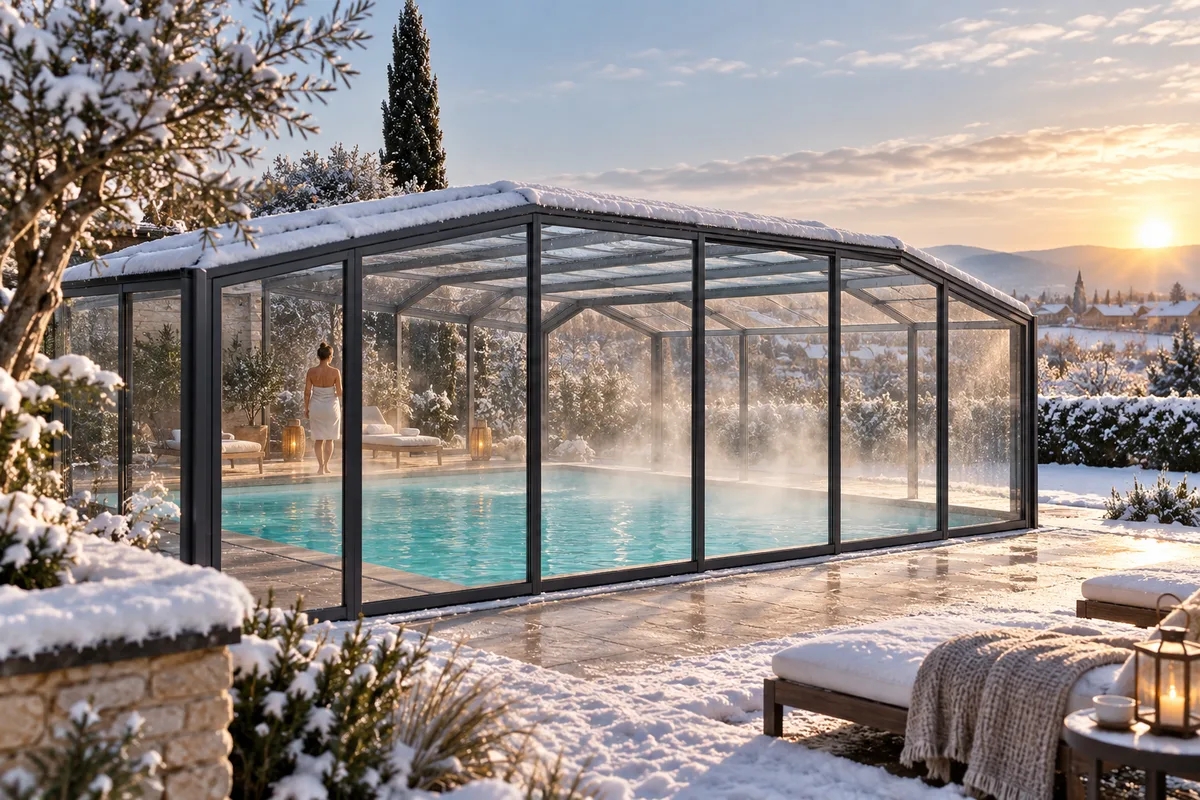 Abri de piscine haut sous une fine couche de neige, vapeur légère au-dessus de l’eau chaude visible à travers les panneaux, avantages d’un abri de piscine