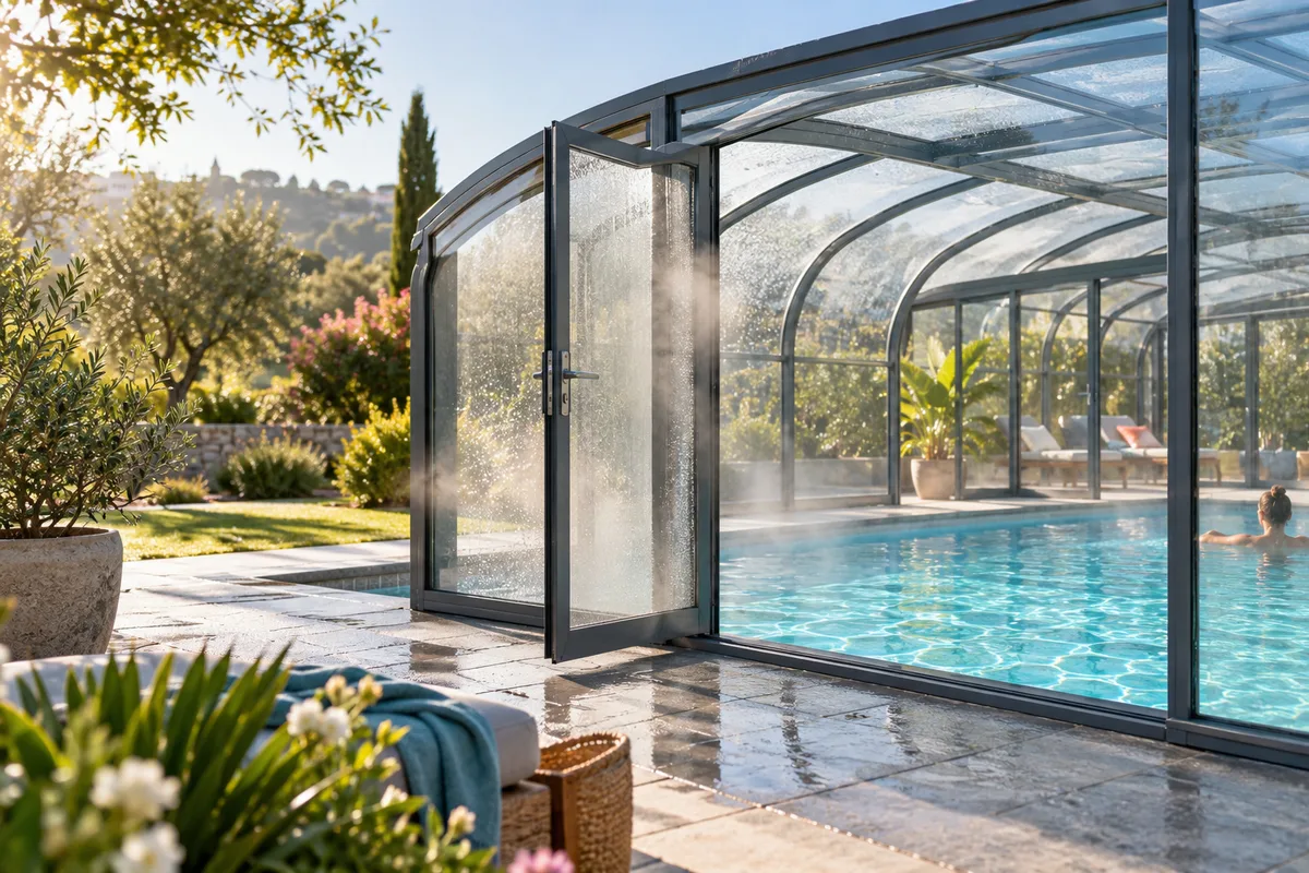 Porte latérale d’un abri haut entrouverte pour aérer, matinée fraîche et vapeur s’échappant doucement vers le jardin, condensation sous un abri