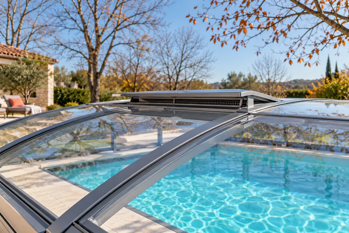 Aérateur discret intégré au sommet d’un abri de piscine en aluminium, ciel bleu pâle et branches nues d’automne, condensation sous un abri