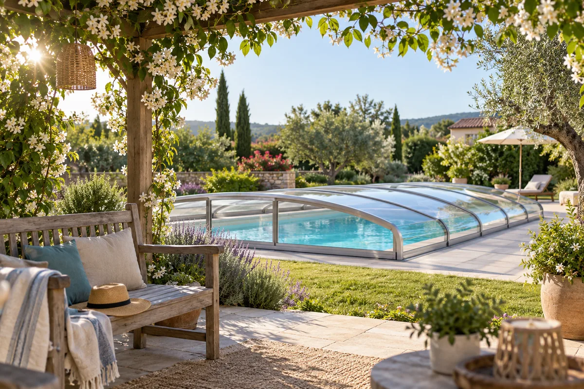 Banc en bois sous une pergola fleurie face à une piscine couverte d’un abri bas argenté, lumière douce du matin, Mon abri de piscine