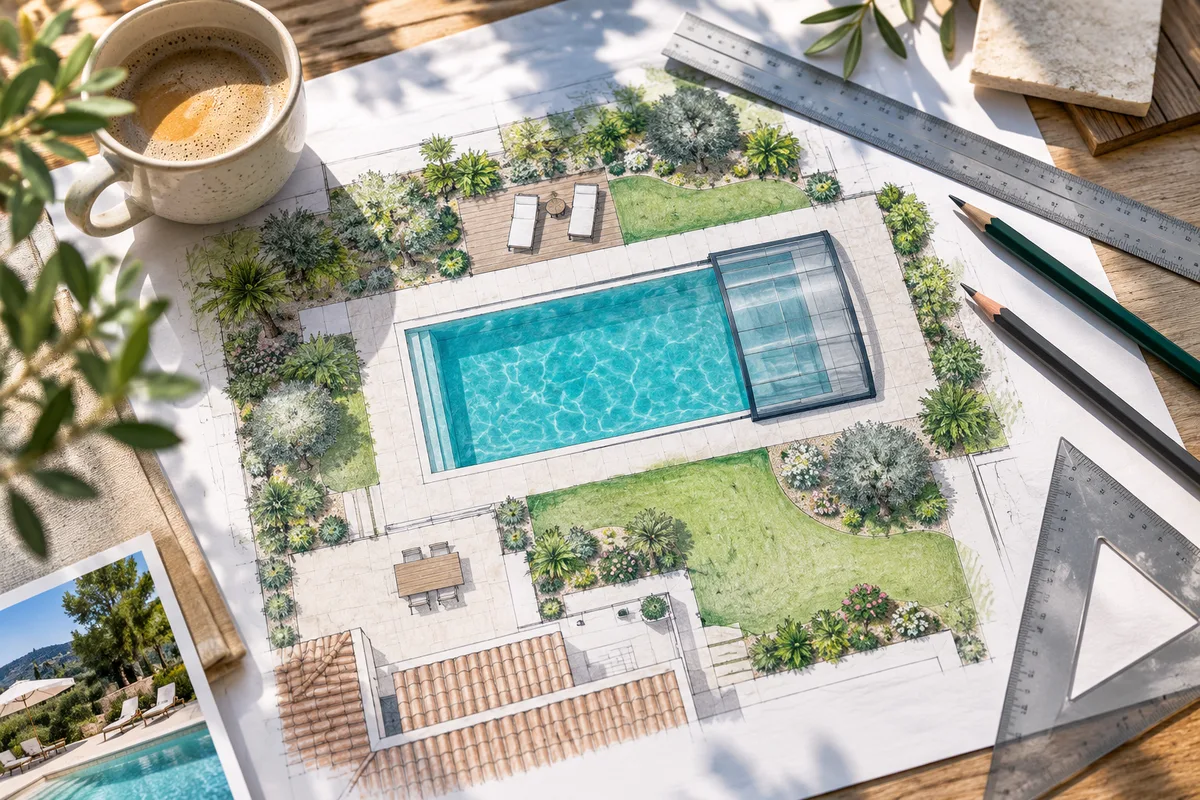 Vue du dessus d’un plan de masse dessiné à la main avec équerre et crayon, tasse de café posée sur le coin, déclaration préalable pour un abri de piscine