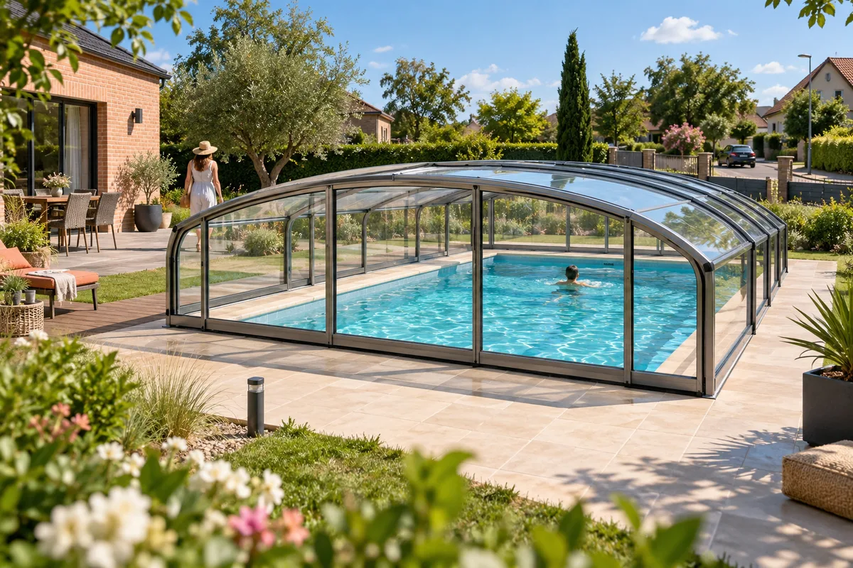 Abri mi-haut nouvellement installé dans un jardin de maison en briques, clôture basse et rue calme visible au loin, déclaration préalable pour un abri de piscine