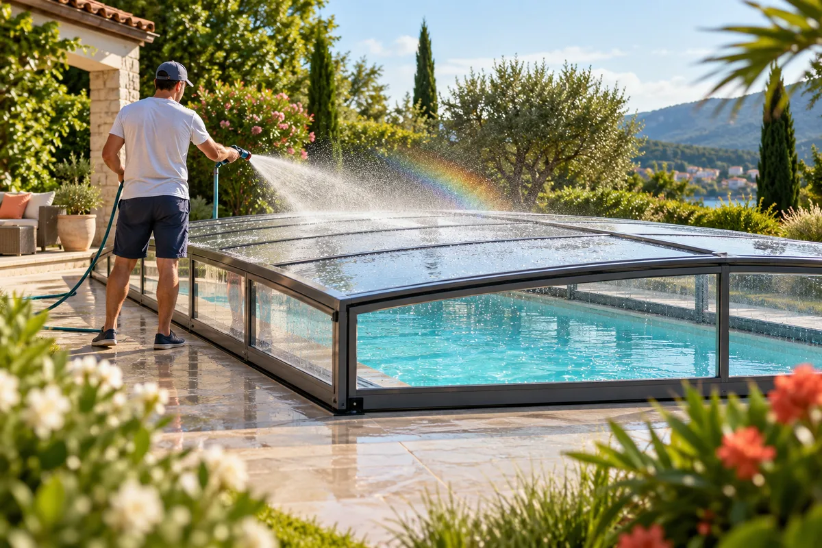 Silhouette de dos d’un adulte rinçant au jet d’eau la toiture d’un abri bas, arc-en-ciel léger dans les gouttelettes, entretien d’un abri de piscine