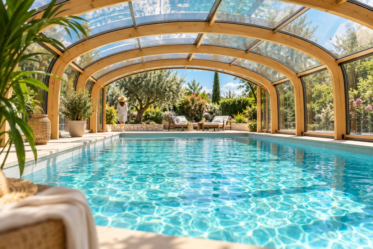 Structure en bois lamellé-collé d’un abri de piscine vue de l’intérieur, arches blondes et lumière filtrée par les panneaux transparents, matériaux d’abri de piscine
