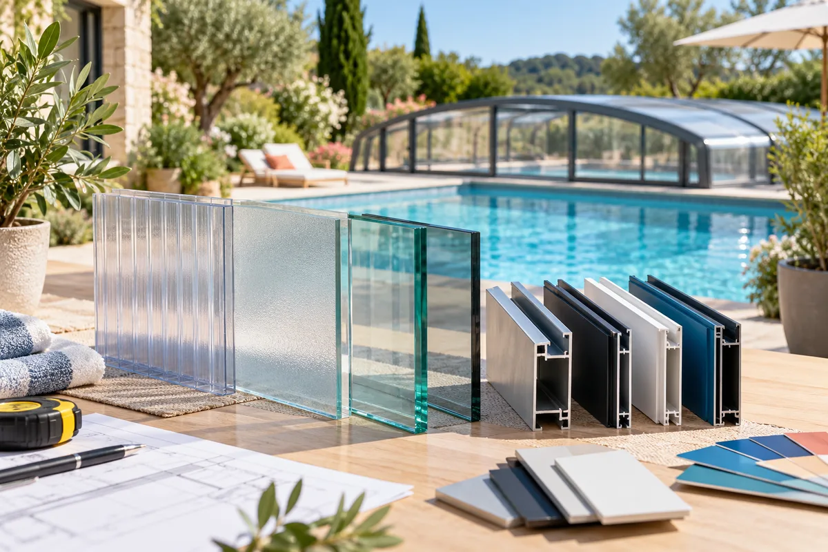 Échantillons de panneaux en polycarbonate, verre feuilleté et profilés colorés alignés sur une table d’atelier claire, matériaux d’abri de piscine