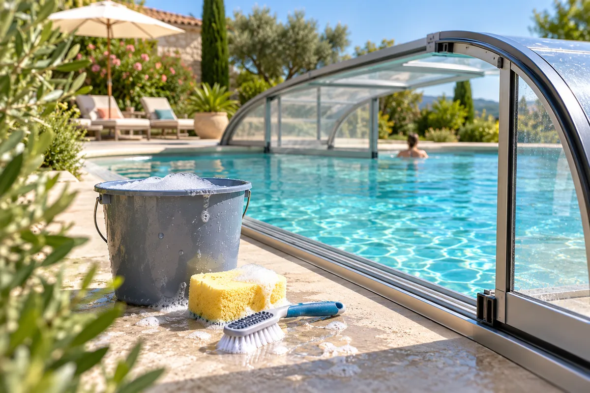 Seau d’eau savonneuse, éponge douce et brosse souple posés sur une margelle près d’un abri de piscine ouvert, nettoyer un abri de piscine