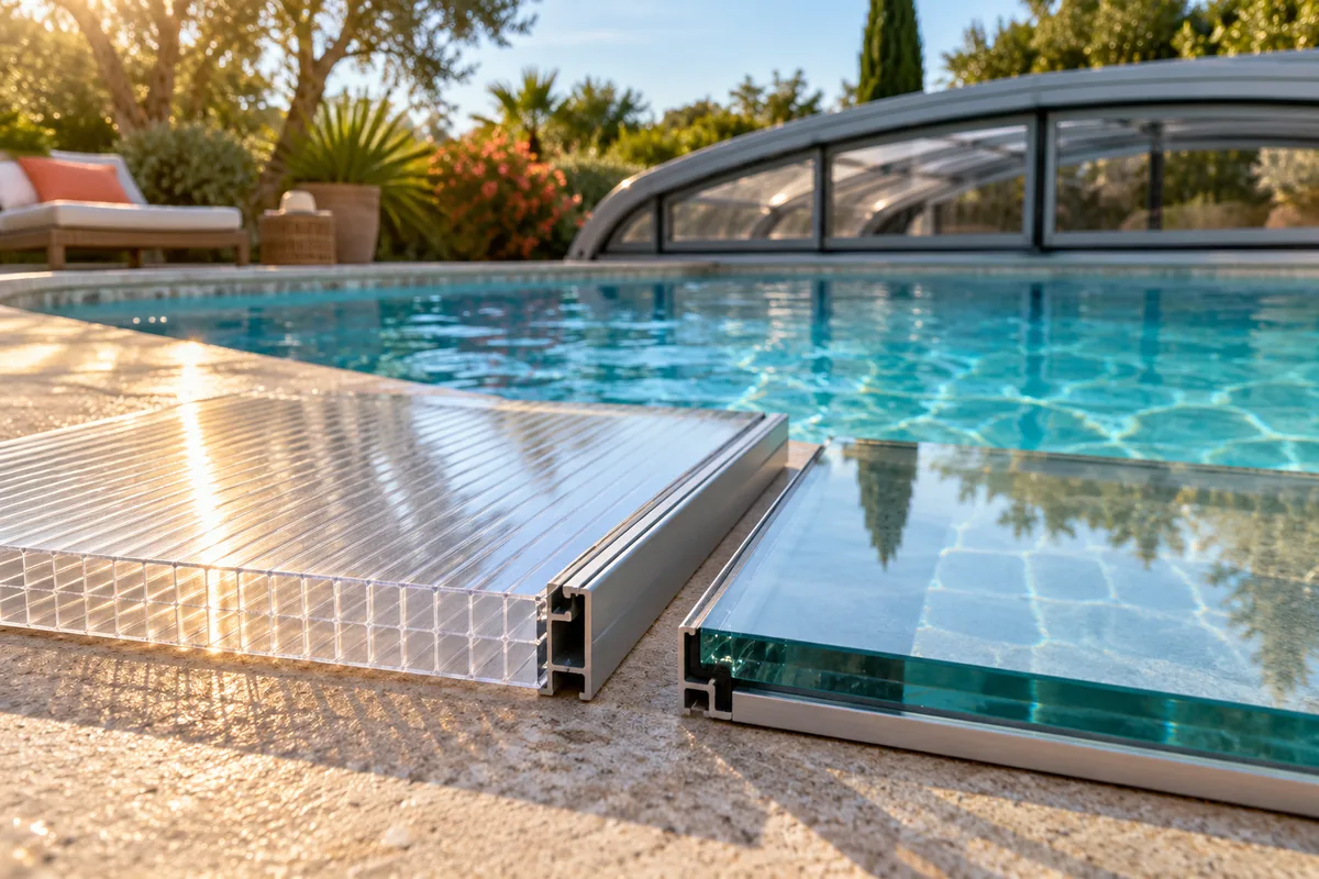 Gros plan comparant un panneau de polycarbonate alvéolaire et un panneau de verre posés côte à côte, lumière rasante, polycarbonate ou verre