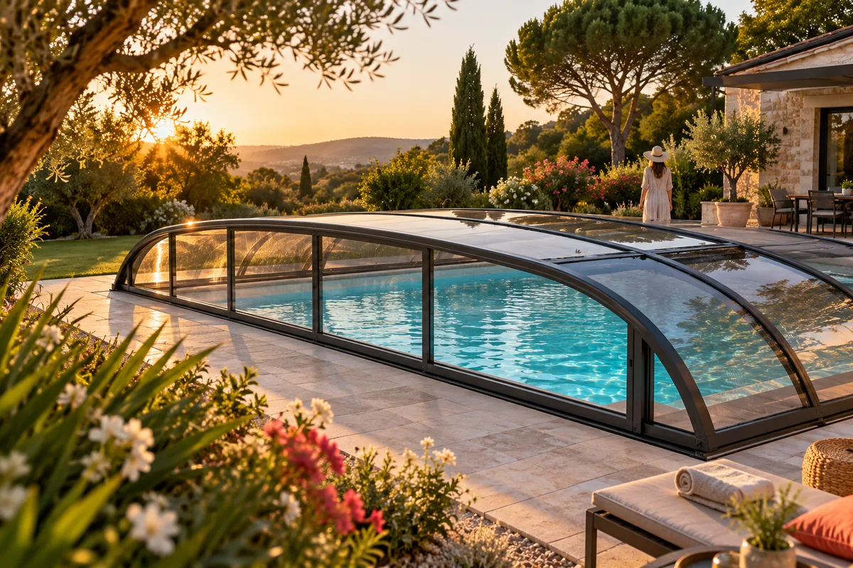 Abri en polycarbonate compact teinté légèrement fumé sur une piscine familiale, jardin arboré et lumière de fin d’après-midi, polycarbonate ou verre