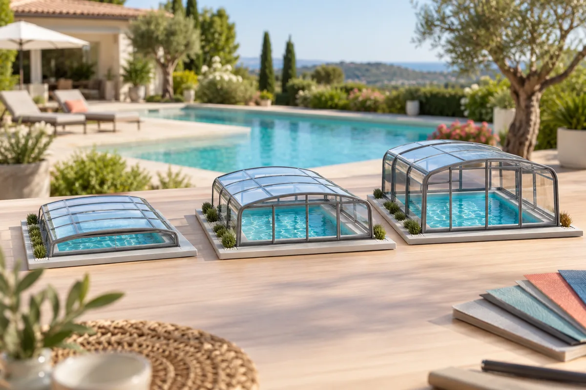 Trois abris de hauteurs différentes en miniature posés sur une table claire, maquettes de démonstration et lumière naturelle douce, prix d’un abri de piscine