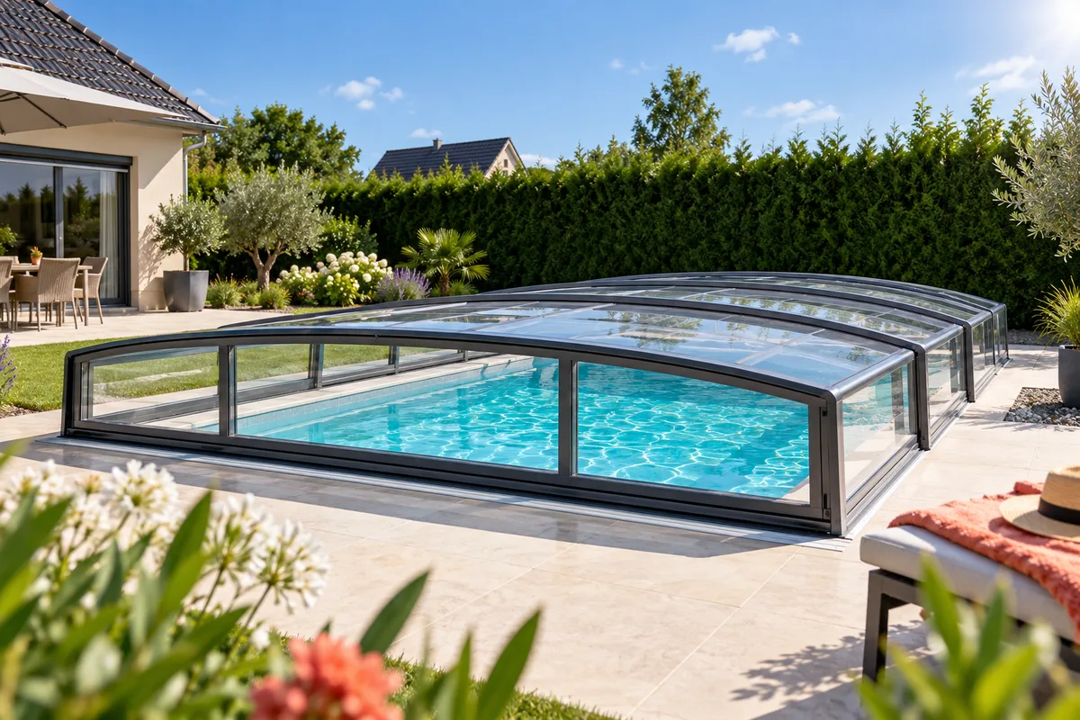 Abri de piscine bas en aluminium sur une piscine moyenne d’un jardin pavillonnaire du Nord, haie de thuyas et ciel dégagé, prix d’un abri de piscine