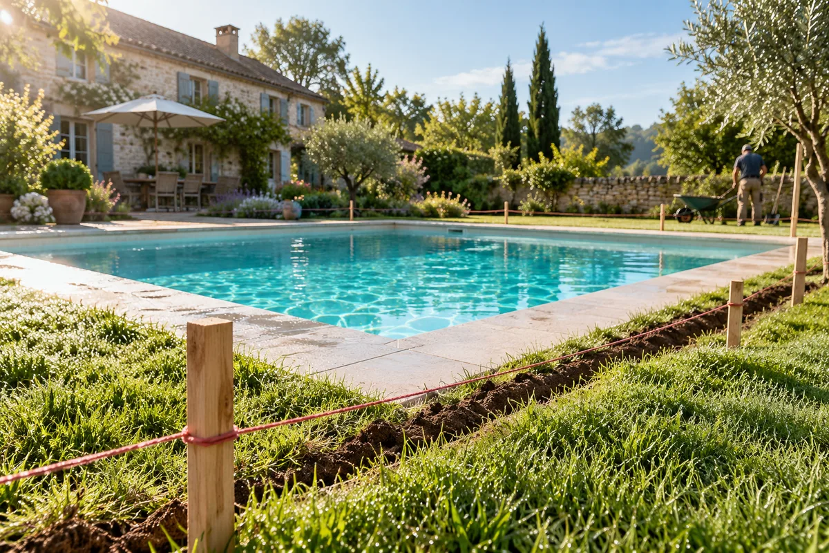 Piquets et cordeau tendus autour d’une piscine dans un jardin de longère, matinée lumineuse et pelouse humide de rosée, projet d’abri de piscine