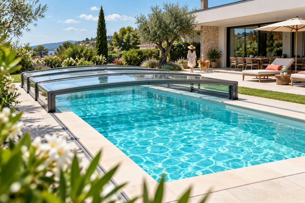 Piscine neuve aux margelles claires et abri télescopique parfaitement intégré à la terrasse, maison contemporaine en arrière-plan, projet de piscine avec abri