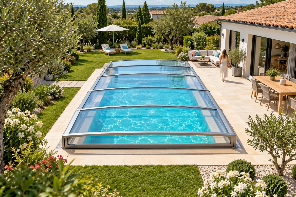Vue aérienne d’un jardin où piscine, abri bas et terrasse forment un ensemble harmonieux aligné avec la façade, projet de piscine avec abri