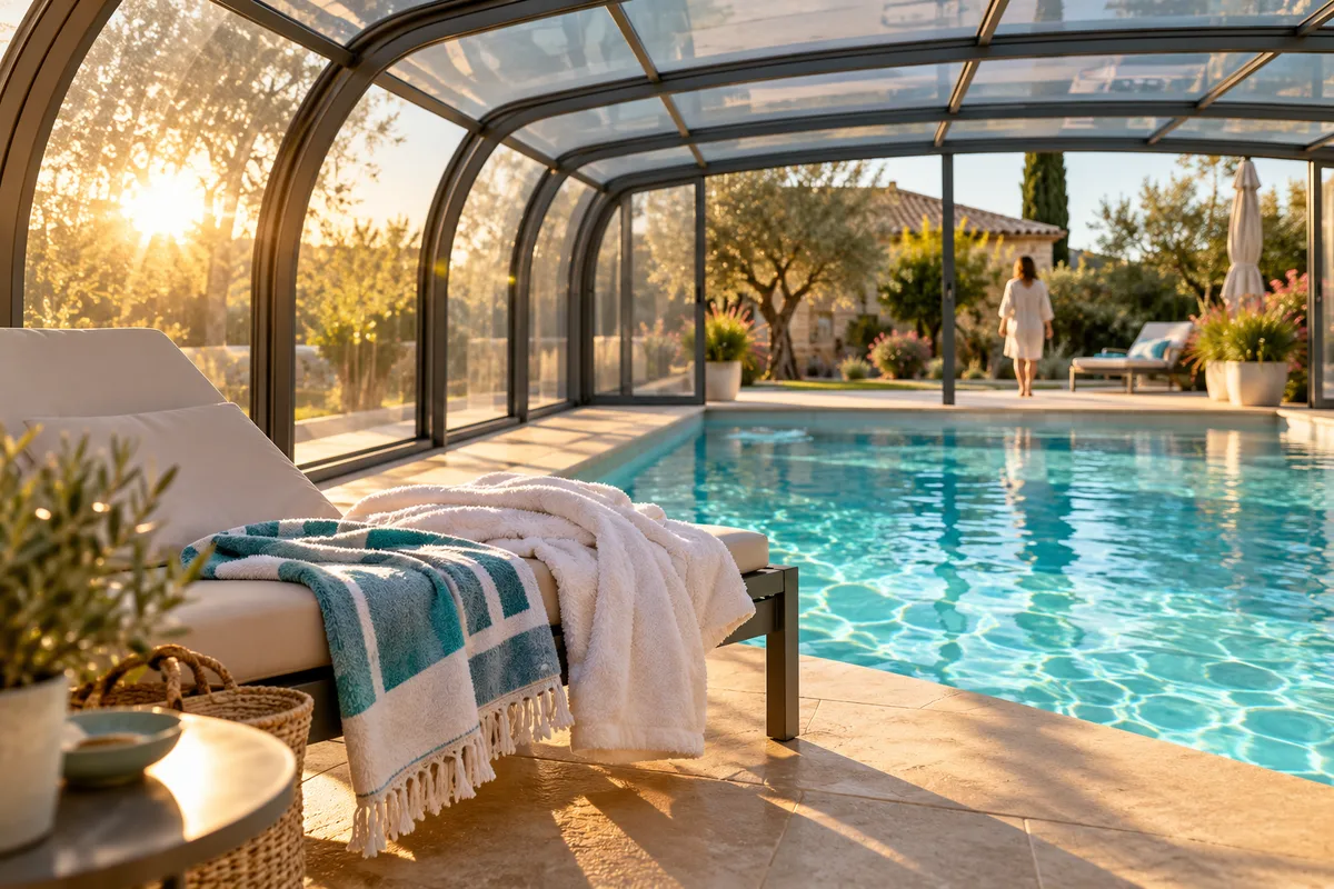 Serviette et peignoir posés sur un transat sous un abri de piscine, lumière basse et dorée d’un après-midi d’avril, prolonger la saison de baignade