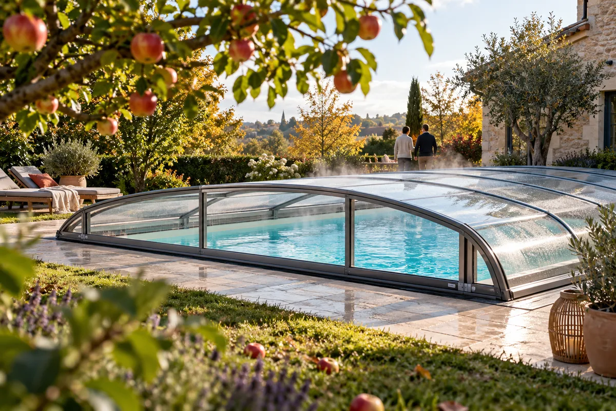 Abri bas fermé en fin de septembre, vapeur légère sur l’eau tiède et pommier chargé de fruits dans le jardin, prolonger la saison de baignade