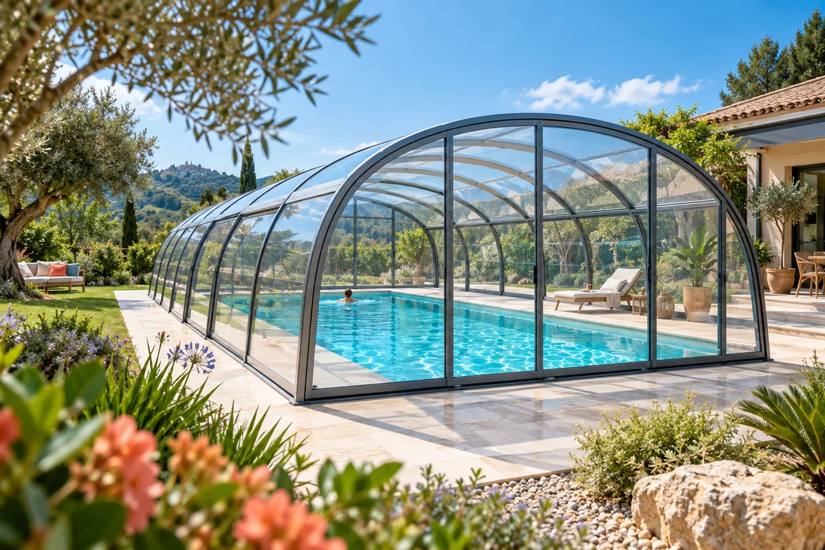 Abri de piscine haut en arche dans lequel on devine une chaise longue au bord de l’eau, panneaux transparents et ciel bleu, types d’abri de piscine