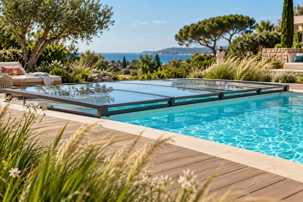 Abri plat très discret posé au ras des margelles d’une piscine moderne, terrasse en bois composite et graminées ondulant au vent, types d’abri de piscine